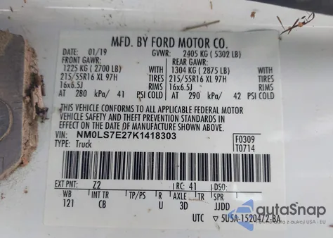 2019 Ford Transit Connect Xl из США, поврежденный, VIN NM0LS7E27K1418303